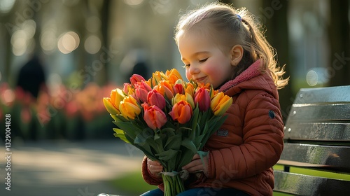 child holding a bouquet of flowers, sitting on a bench near the Keukenhof Gardens  in the Netherlands 
