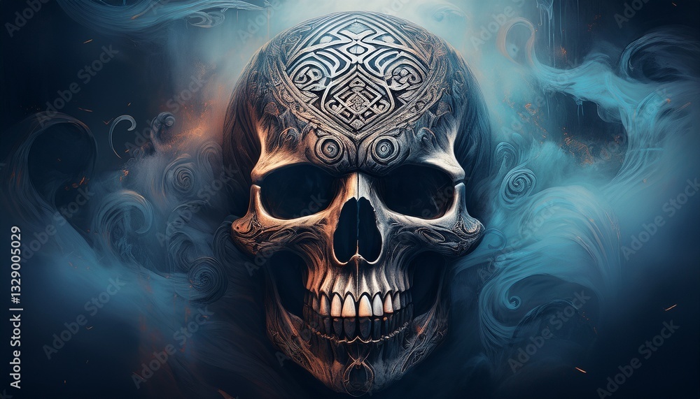 A skull with intricate tribal markings, half shrouded in dark, soft mist, evoking a mysterious and ancient aura.
A skull with intricate tribal markings, half shrouded in dark, soft mist, evoking a mysterious and ancient aura.