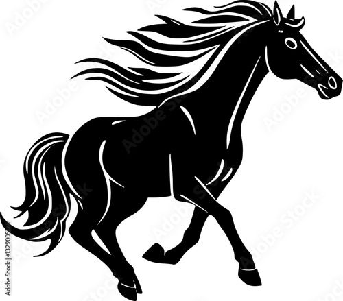 A dynamic black and white minimalist running horse illustration with a flowing mane in a stylized line art design perfect for art decor and creative projects