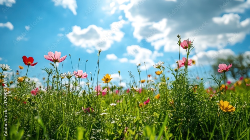 Vibrant wildflowers bloom under a sunny sky. Perfect for spring, nature, and growth themes. Vibrant wildflowers bloom under a sunny sky. Perfect for spring, nature, and growth themes.