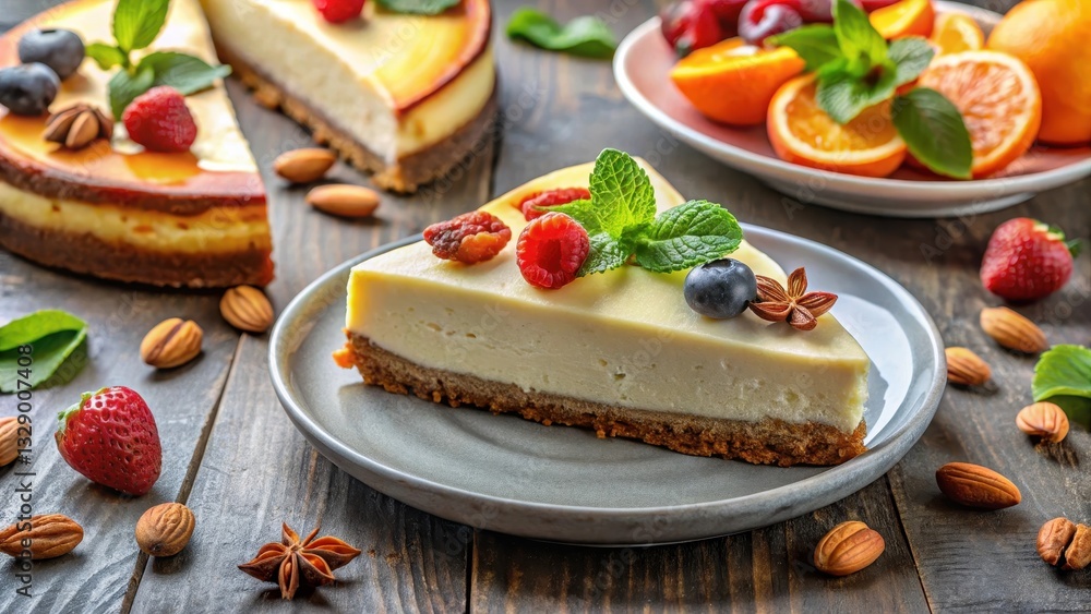 plate with cheesecake slices on a table, surrounded by fresh fruit and nuts, sweet treat, nuts,  sweet treat, nuts,cheesecake