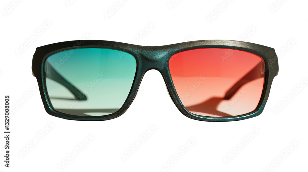 Png of Stylish unisex black sunglasses with blue and red lenses, perfect for outdoor activities on transparent background. Png of Stylish unisex black sunglasses with blue and red lenses, perfect for outdoor activities on transparent background.