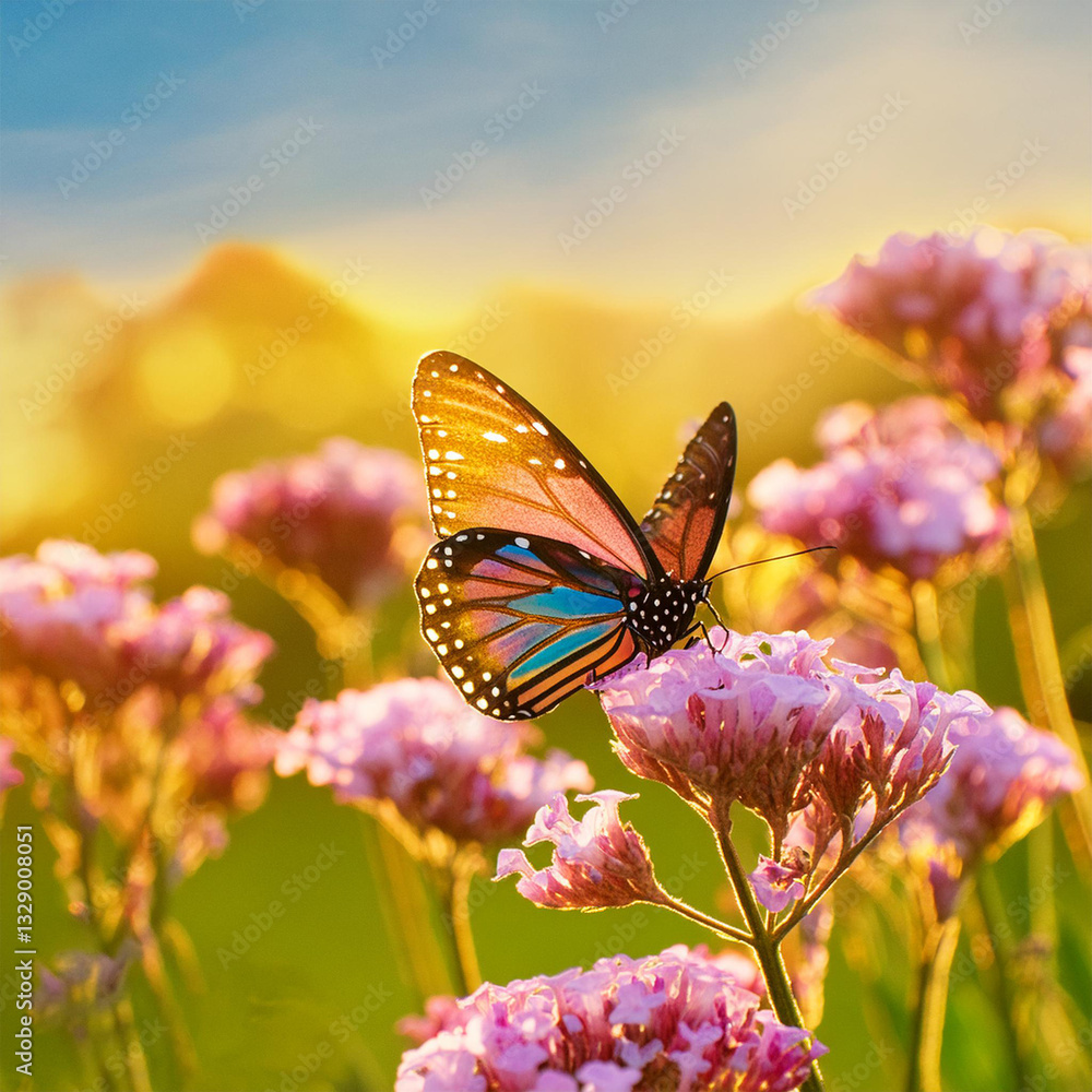 butterfly on flower background, Monarch butterflies in autumn blooming asters.