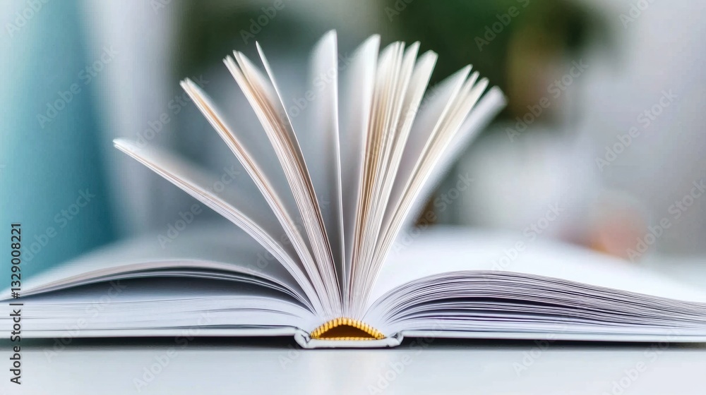 Fototapeta premium Minimalist Knowledge Flow Elegant Open Book Revealing Soft-Focus Digital Workspace - Creative Learning and Productivity Inspiration for Modern Professionals