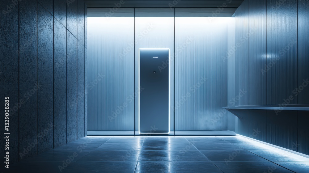 A high-tech corporate office men's restroom with minimalist design, voice-activated lighting, and a built-in air purifier A high-tech corporate office men's restroom with minimalist design, voice-activated lighting, and a built-in air purifier