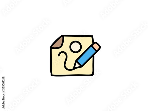 The image shows a cartoon-style icon of a yellow sticky note or paper with a blue pencil drawing on it.