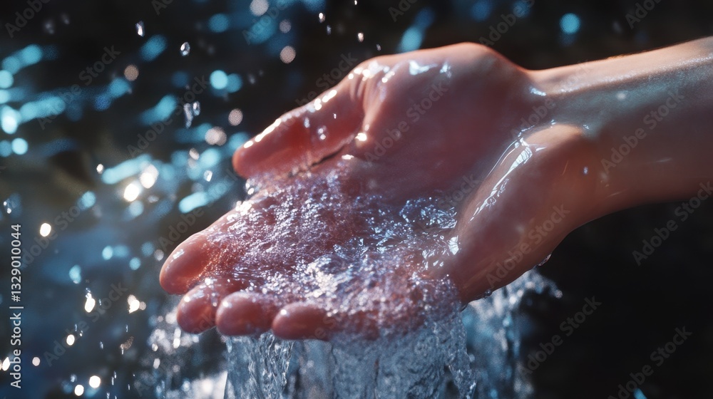 Fototapeta premium Water droplets dance in the bright light as a hand stirs fluid in a tranquil outdoor environment, showcasing hyper-realistic details and shimmering reflections.