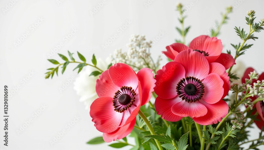 Fototapeta premium Vibrant anemone bouquet showcasing fresh greenery, natural beauty