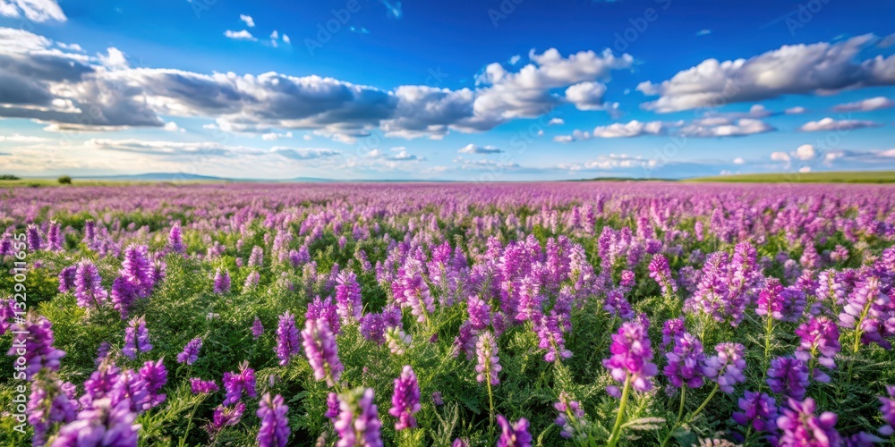 Obraz premium A field with Mongolian milkvetch plants covered in purple flowers and green leaves, set against a clear blue sky with a few white clouds, landscape, wildflowers