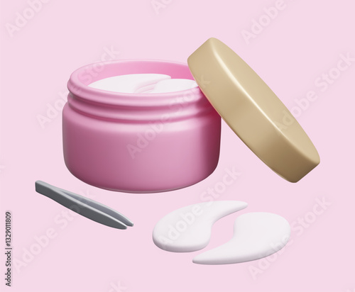 Eye patches beauty skincare cosmetic product 3D vector illustration. Pink moisturizer bottle with hydrating gel eye patches and tweezers applicator isolated on pink background.