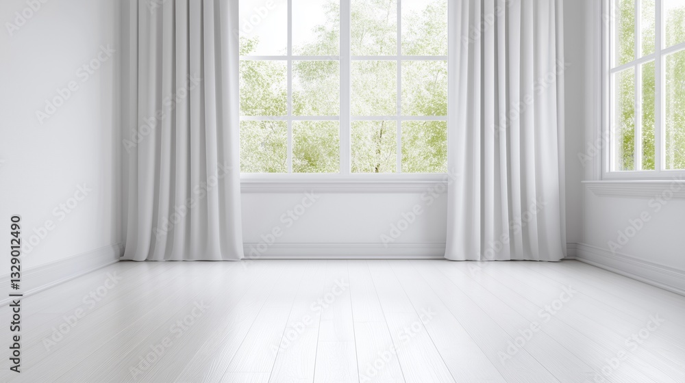 A white room with a large window and white curtains. The room is empty and has a clean, minimalist look A white room with a large window and white curtains. The room is empty and has a clean, minimalist look