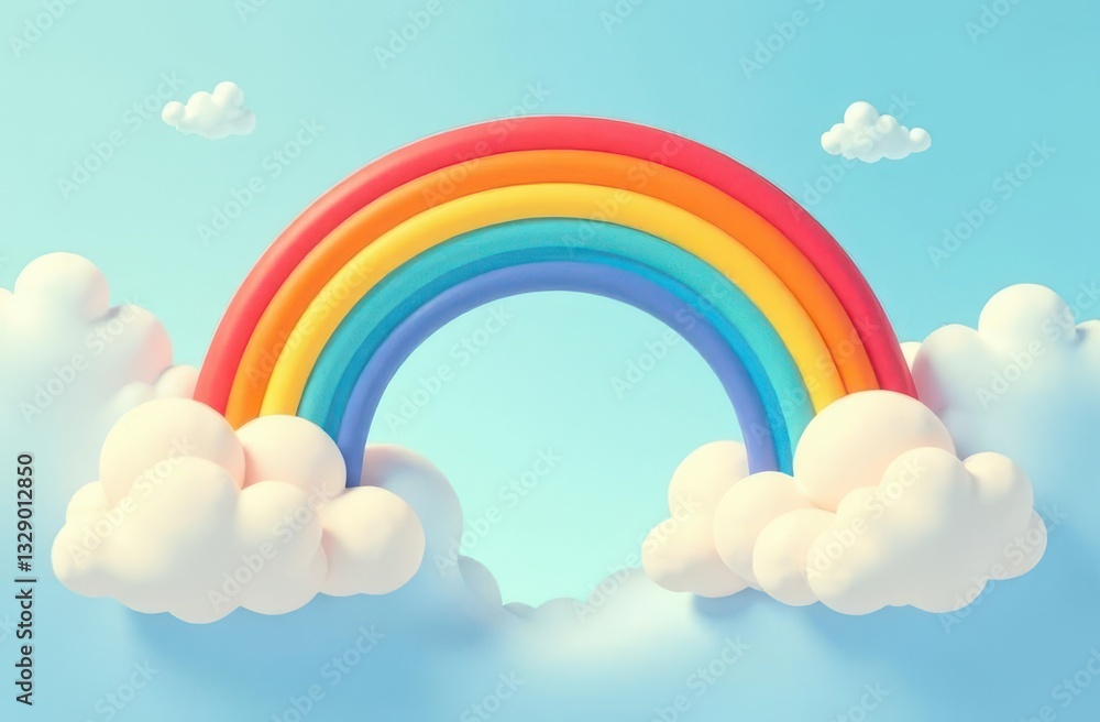 Vibrant rainbow arching through fluffy clouds in a bright blue sky Vibrant rainbow arching through fluffy clouds in a bright blue sky