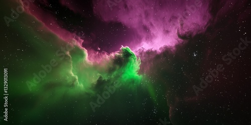 Vibrant nebula with swirling pink clouds, glowing green mist in deep space. Cosmic scene with ethereal gas formations, dark starry backdrop. Celestial artwork showcasing vivid hues