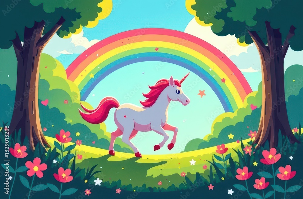Obraz premium Colorful unicorn running under a vibrant rainbow in a lush meadow