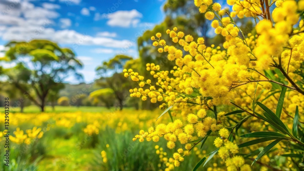 Australian Golden Wattle flower field in full bloom with bright yellow flowers on a serene green grassy background Australian Golden Wattle flower field in full bloom with bright yellow flowers on a serene green grassy background