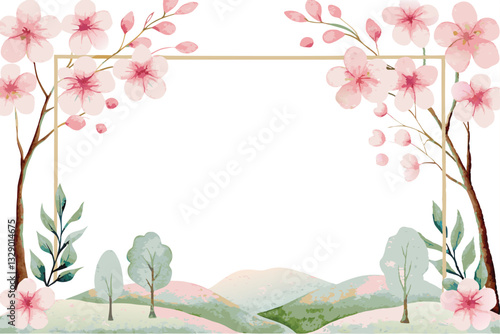 Watercolor Spring Landscape with Pink Cherry Blossoms and Rolling Hills