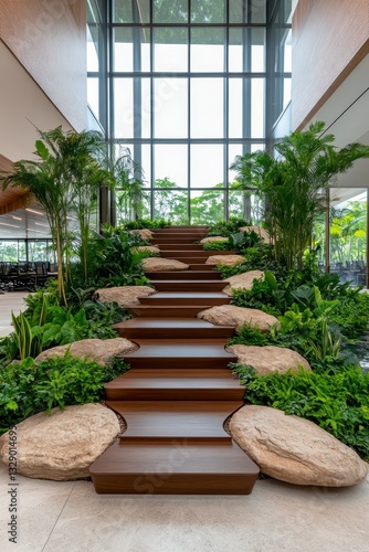 Modern Wooden Staircase with Lush Greenery and Natural Light