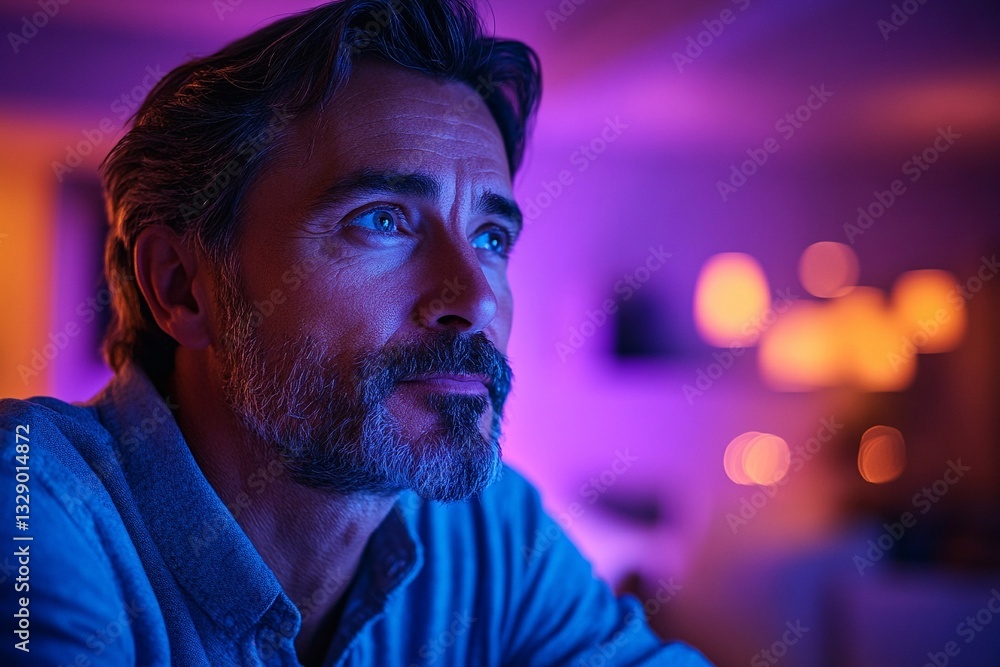 Thoughtful man with beard gazes thoughtfully at colorful lights in a cozy setting Thoughtful man with beard gazes thoughtfully at colorful lights in a cozy setting