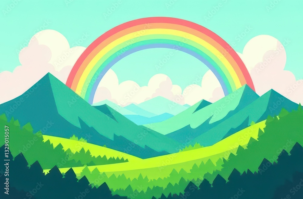 Fotobehang Zeegroen Colorful rainbow arches over lush green mountains and valley landscape #1329015057
