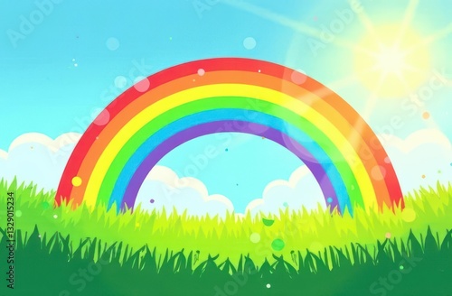 Bright and colorful rainbow arching over a sunny green meadow landscape