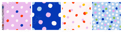 Seamless polka dot patterns in modern style, set. Colorful random spots, play...