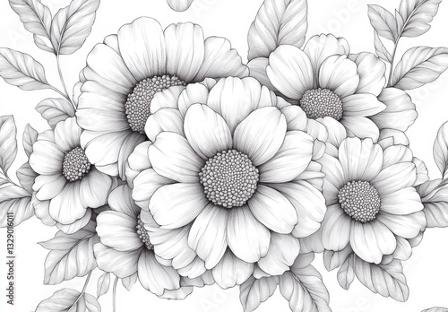 Monochrome Floral Illustration Stippling Texture Close Up