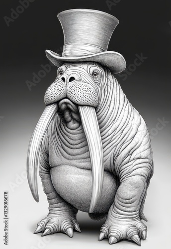 Monochrome Pixel Art Walrus in Top Hat