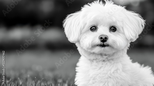 Monotone Portrait of Fluffy White Dog in Grass