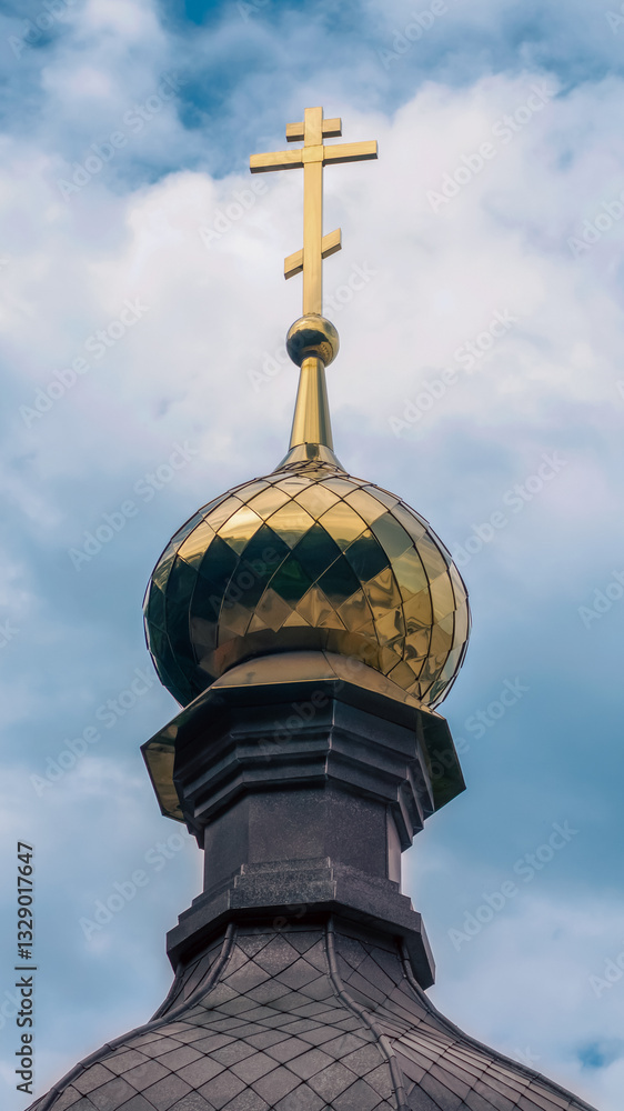 bottom view golden domes of christian church with crosses on blue sky background bottom view golden domes of christian church with crosses on blue sky background