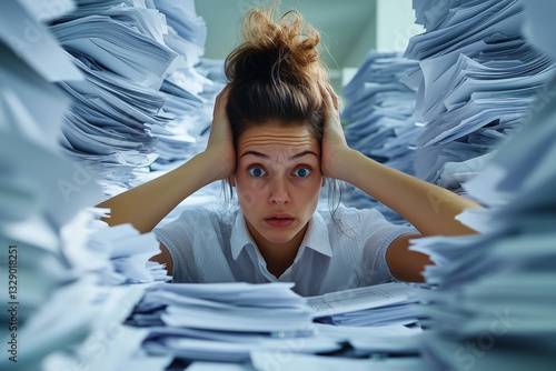 Trabajador agobiado rodeado de montones de papeles, que simbolizan la sobrecarga de tareas y el estrés.
