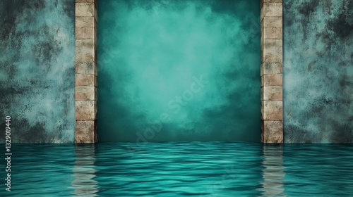 Moody Teal Water Reflecting Textured Wall with Stone Pillars