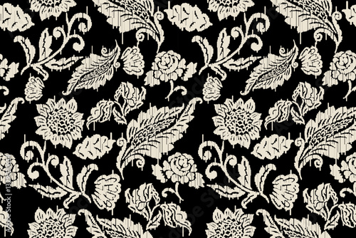 Ikat floral paisley embroidery seamless pattern on background. Ikat ethnic flower oriental pattern traditional. Aztec style abstract vector illustration. design for ikat floral fashion fabric,clothing