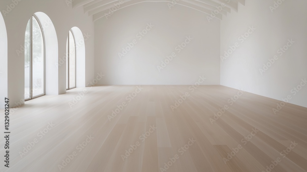 Obraz premium A large, empty room with white walls and wooden floors. The room is open and has a lot of natural light coming in through the windows. The space feels clean and spacious, with a sense of calmness