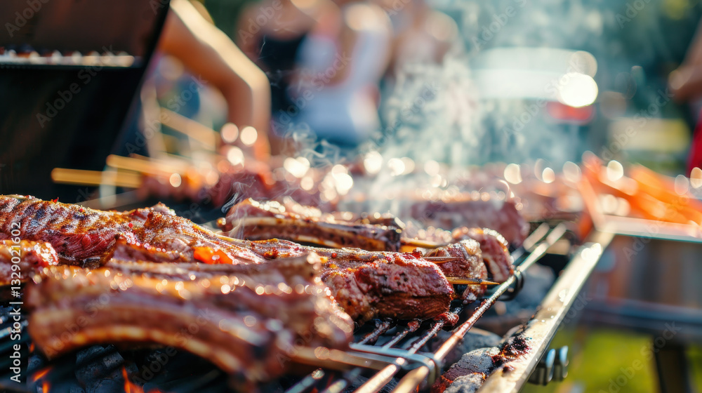 Naklejka premium meat on a barbecue during a party