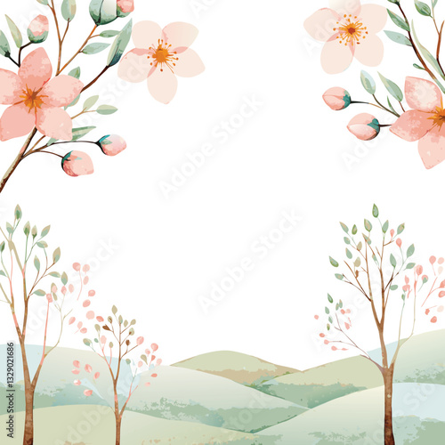 Watercolor Painting of Peach Blossoms and Gentle Rolling Hills Landscape