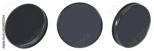 3D rendered black round glass coasters with sleek modern design and glossy reflective finish 3D shape