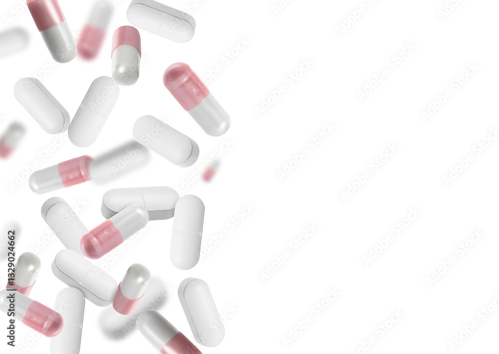 Many different pills flying on white background Many different pills flying on white background