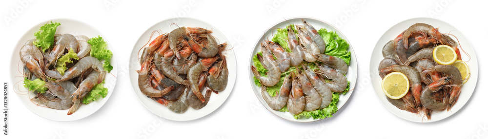 Fresh raw shrimps isolated on white, set. Top view Fresh raw shrimps isolated on white, set. Top view