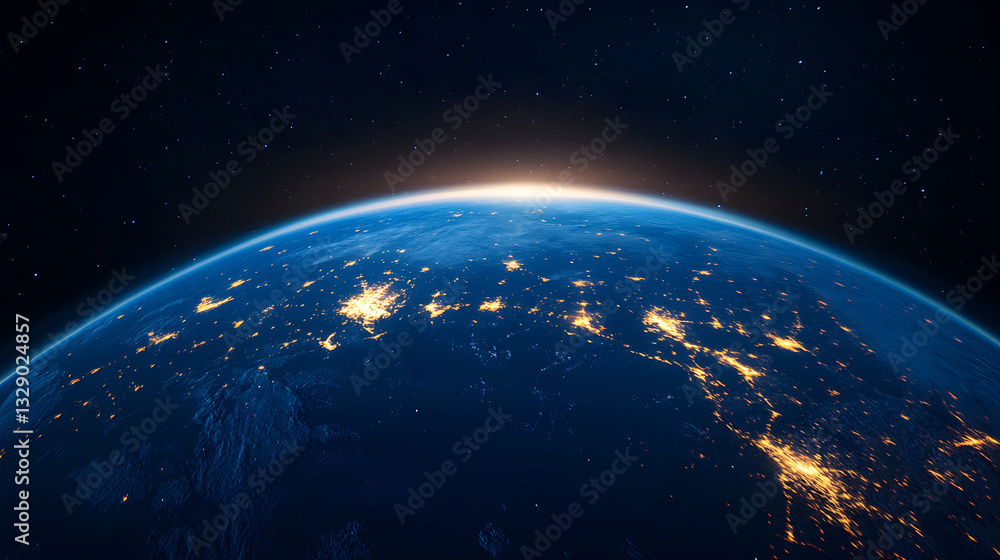 Beautiful view of Earth's sunrise from space, Earth planet in deep space Beautiful view of Earth's sunrise from space, Earth planet in deep space