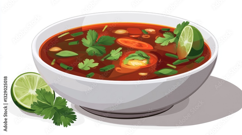 Delicious Bowl of Spicy Tomato Soup with Fresh Herbs and Lime Slices in a Stylish White Dish