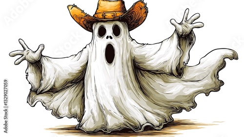 Cartoon ghost waves with cowboy hat on white ground