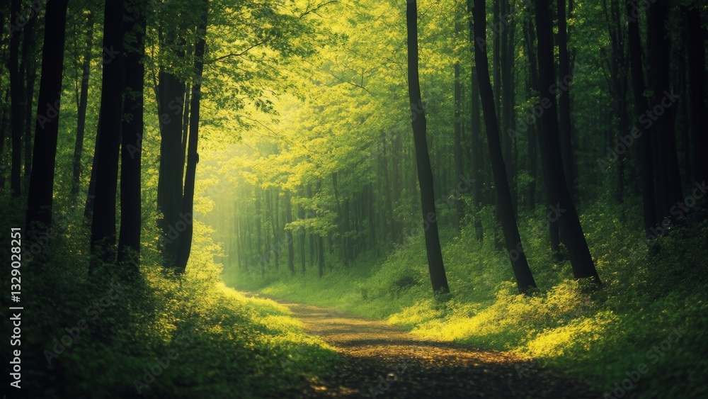 Fototapeta premium A serene forest path bathed in sunlight, surrounded by tall trees with lush foliage. Light filters through leaves, casting a warm glow, creating an inviting and peaceful atmosphere