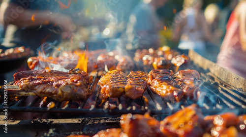 meat on a barbecue during a party