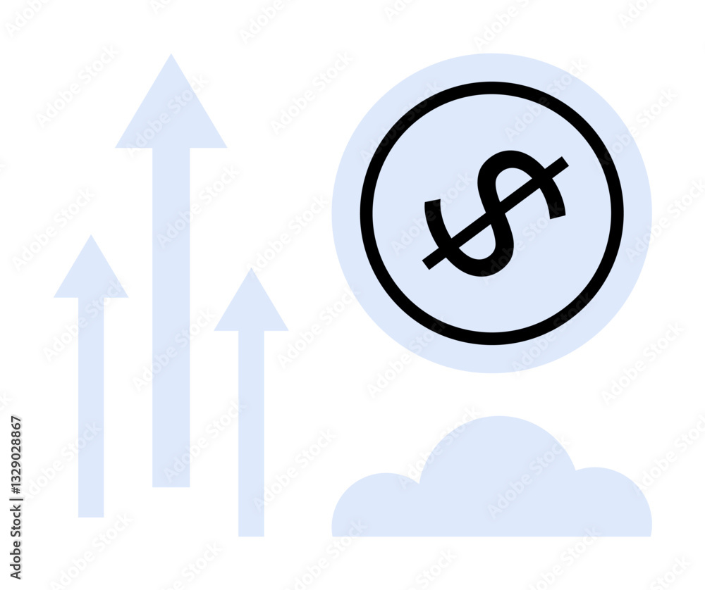Rising arrows next to a large dollar symbol suggest economic growth, upward trends, and financial success. Ideal for business, finance, strategy, investment, income progress market. Flat simple Rising arrows next to a large dollar symbol suggest economic growth, upward trends, and financial success. Ideal for business, finance, strategy, investment, income progress market. Flat simple