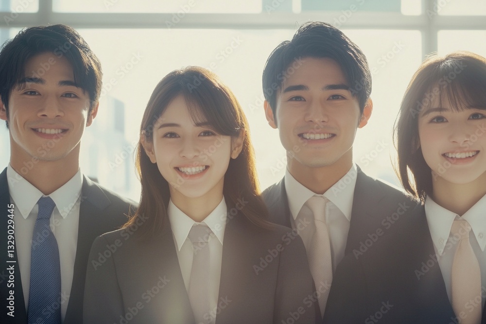 Group of young Asian professionals smiling together in modern office setting during daytime Group of young Asian professionals smiling together in modern office setting during daytime