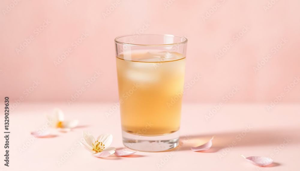 Spring-Inspired Drink: A Single Beverage with a Delicate Petal on Pastel Background Spring-Inspired Drink: A Single Beverage with a Delicate Petal on Pastel Background