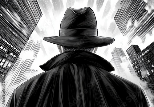 Mysterious Man in Fedora Coat, Back View in Bright Cityscape, Monochromatic Illustration