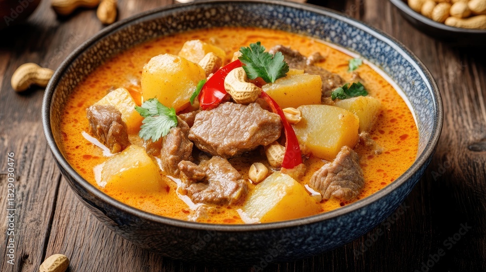 Mouthwatering Asian Curry with Tender Beef Potatoes and Fresh Herbs in a Rustic Bowl Mouthwatering Asian Curry with Tender Beef Potatoes and Fresh Herbs in a Rustic Bowl