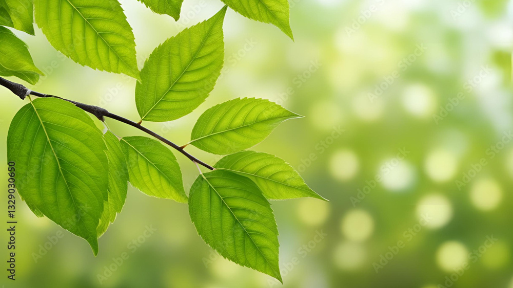 Spring's fresh green leaves, framed by a bokeh effect in the background Spring's fresh green leaves, framed by a bokeh effect in the background