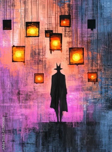 Mysterious Silhouette Walking Towards Glowing Lights in Textured Purple and Orange Sky